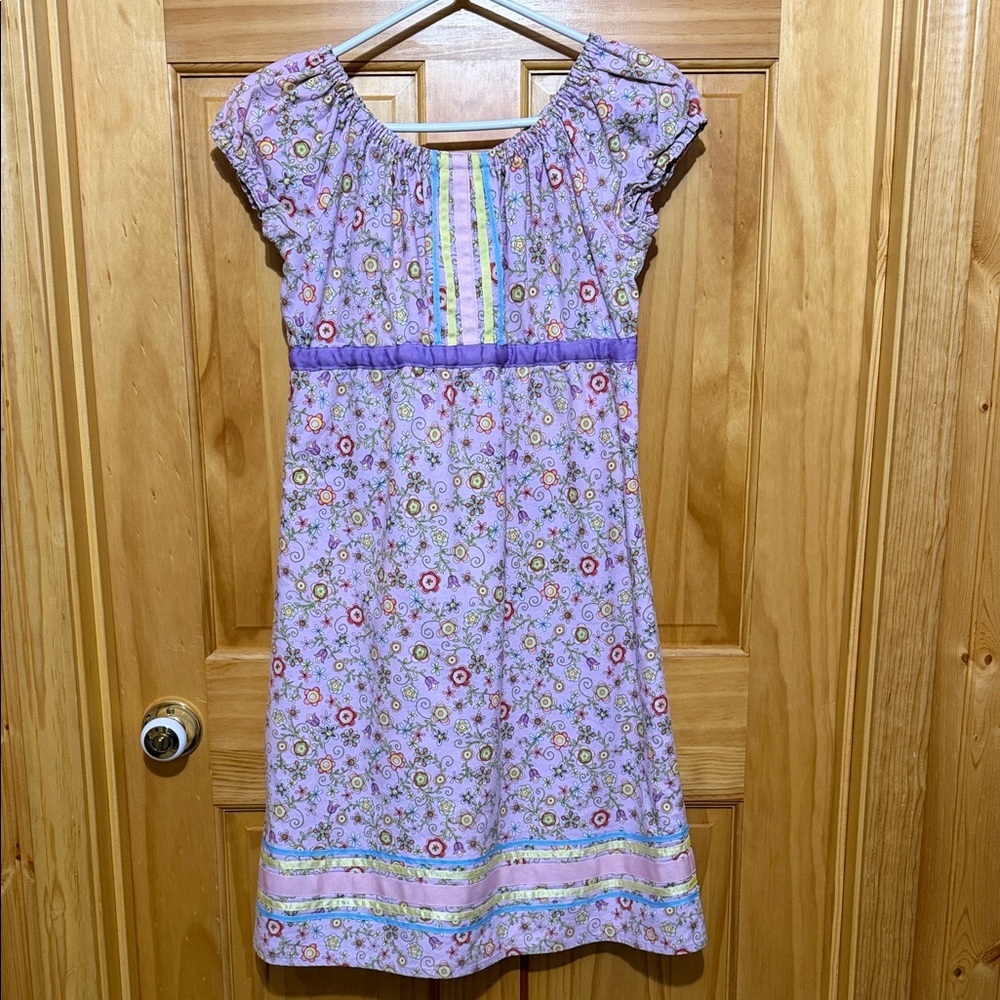 Woman’s Cottagecore Lilac Floral Milk Maid Babydoll Dress Ribbon Trim Size XS/S.